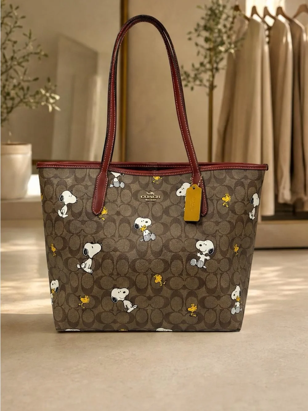 Coach Brown Signature Snoopy Tote with Burgundy Trim and Yellow Tag - Picture 5 of 6